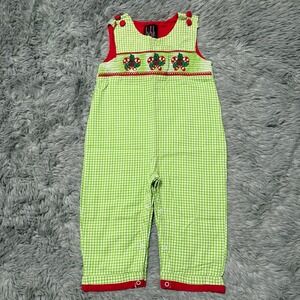 Lil Cactus‎ Smocked Christmas Overall Green Plaid Candy Cane Toddler 2T